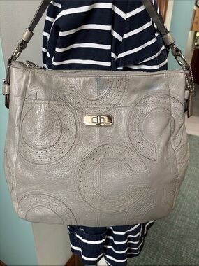 Coach Gray Shoulder Bag in laid monogram pattern perforated/Decorative Stitching